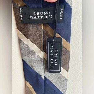 Bruno Piattelli 100% Silk Tie New with Tags Blue & Brown Diagonal Stripes